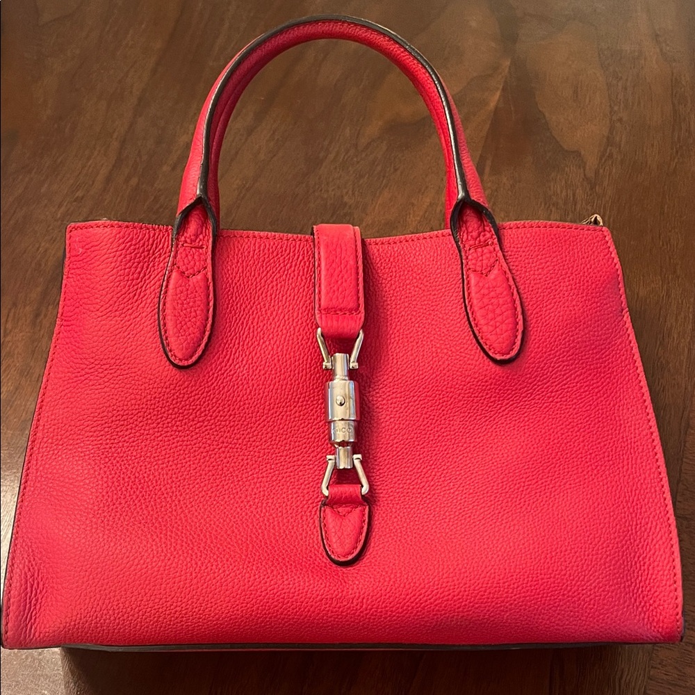 Gucci Jackie Soft Pebbled Top Handled Tote Bag Hibiscus Red